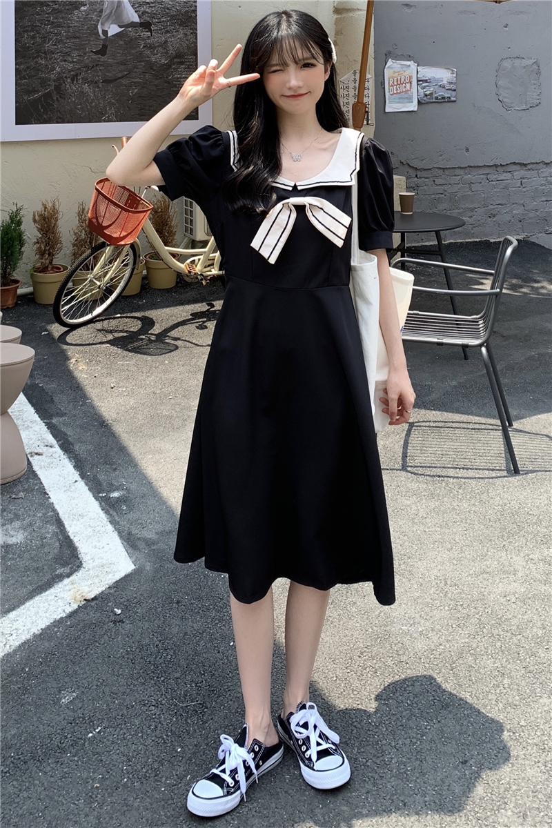 学院海军风春夏蝴蝶结连衣裙女宽松大码胖妹妹200斤显瘦短袖长裙