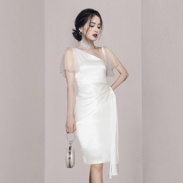 RM23405#新款女装法式小众设计修身不对称纯色连衣裙