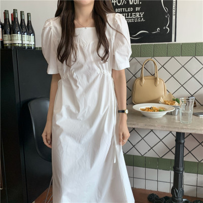 实拍实价 韩版法式方领纯色抽绳气质款连衣裙 3色现货