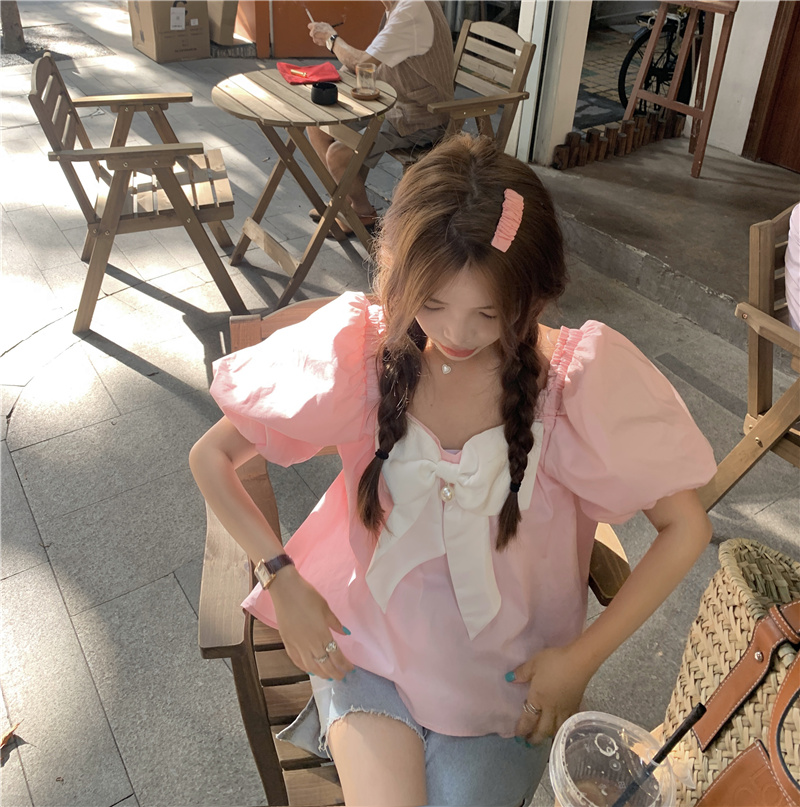 实拍~ 少女心满满~ 韩系甜美减龄少女蝴蝶结泡泡袖小衫