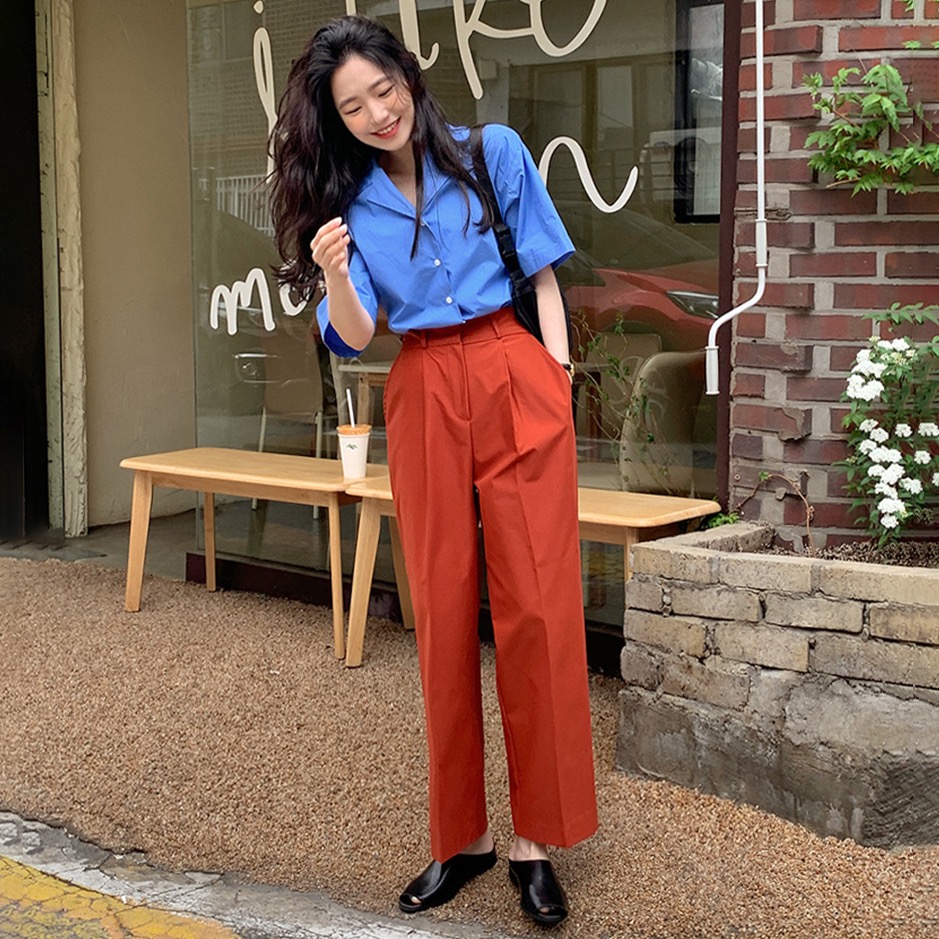 韩国chic 轻熟风设计感小众显瘦休闲衬衫 砖红色松紧腰休闲裤