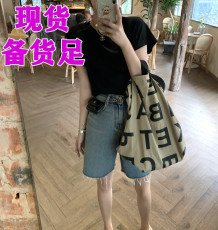 YUYEE_显瘦显高蓝色牛仔五分裤女夏高腰薄款宽松毛边休闲a字中裤
