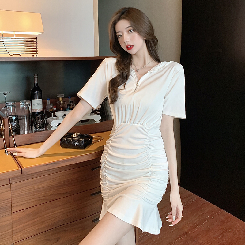 MY10376#女夏高腰显瘦褶皱包臀裙新款时尚垫肩拉链连帽休闲连衣裙