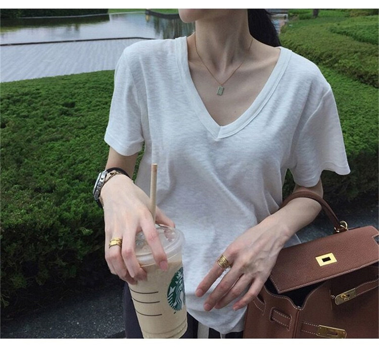 纯棉实价 短袖t恤女夏宽松韩版百搭v领锁骨纯色半袖上衣