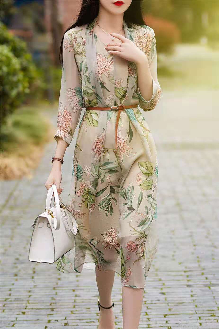 大气雅致印花雪纺连衣裙女装2021夏季新款气质淑女收腰中长裙