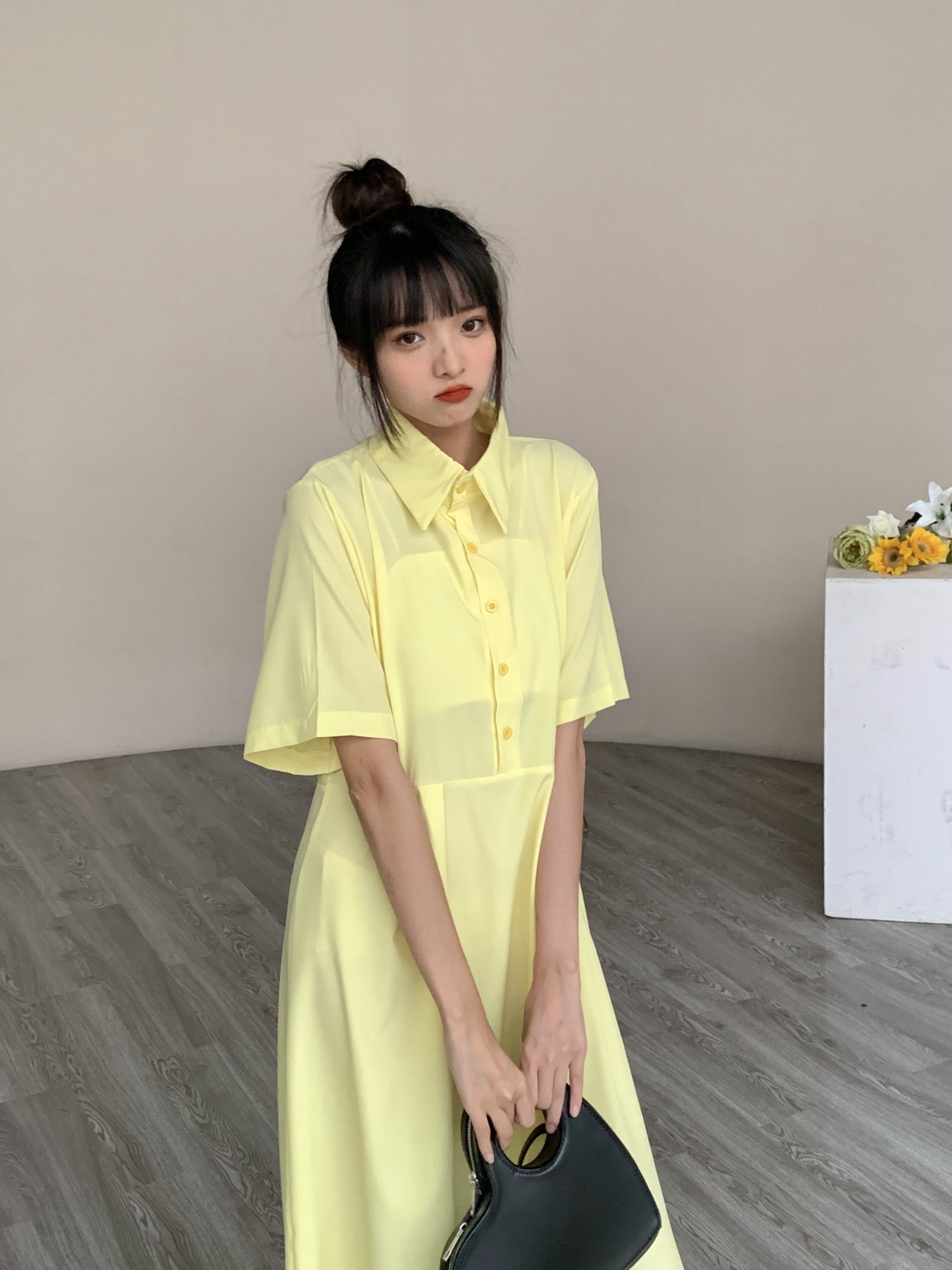 实拍香芋紫色连衣裙鹅黄色夏季裙子女小个子清新学生垂感百褶短裙