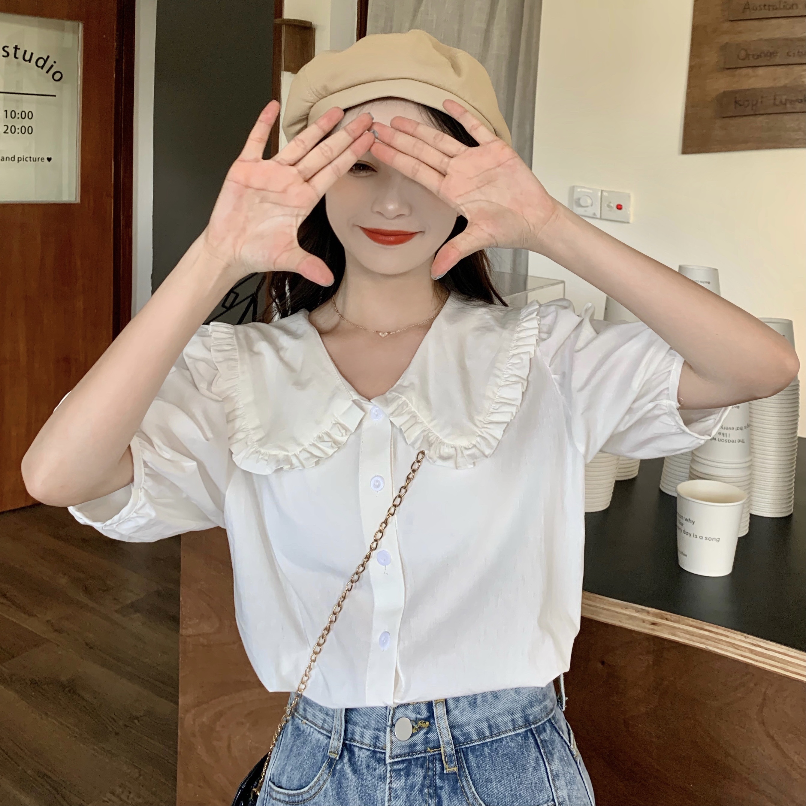 实拍现货~大码女装新款法式娃娃领泡泡袖衬衫上衣