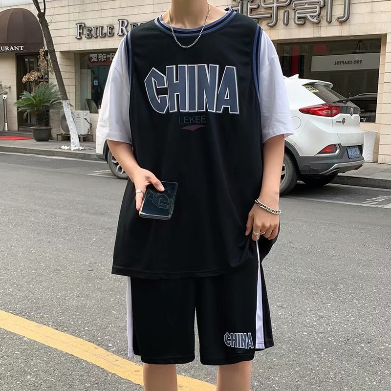 实拍休闲运动套装男青少年韩版宽松bf潮牌短袖篮球班服短裤两件套