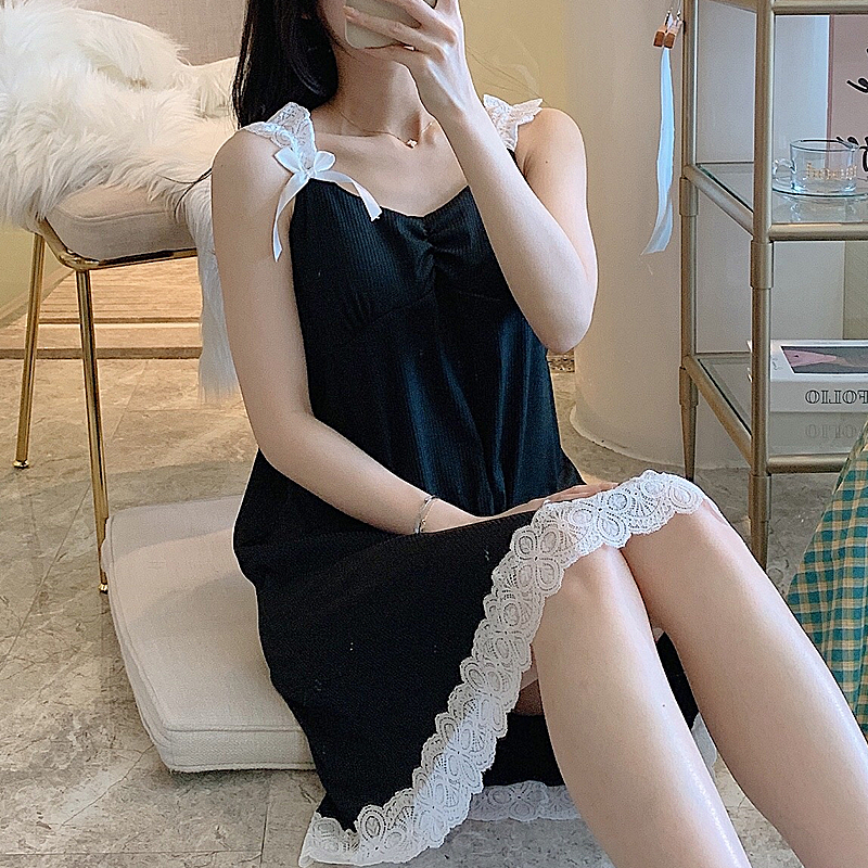 艾尚实拍吊带睡裙女夏带胸垫网红睡衣蕾丝花边可爱学生公主家居服