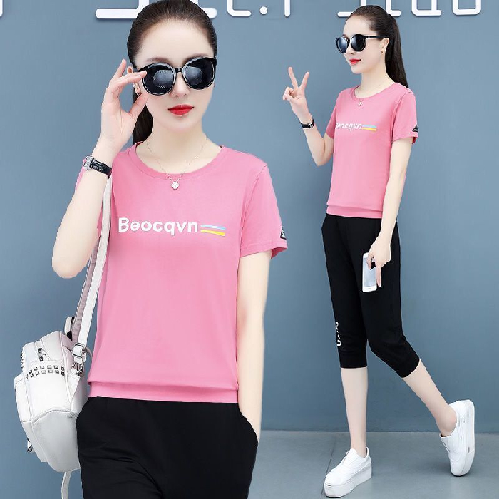 绣花运动套装女夏季洋气休闲服大码新款短袖长裤时尚两件套