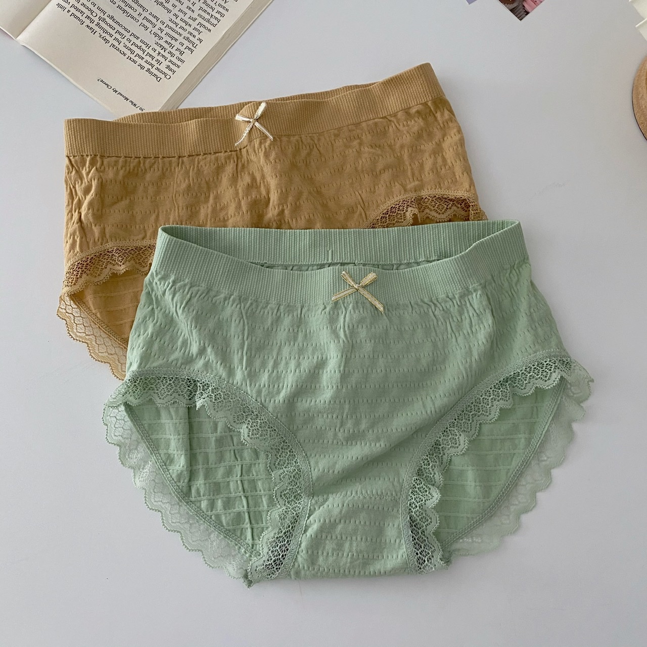 实拍实价夏季纯色少女内裤蕾丝边简约中腰学生三角裤内搭两条装