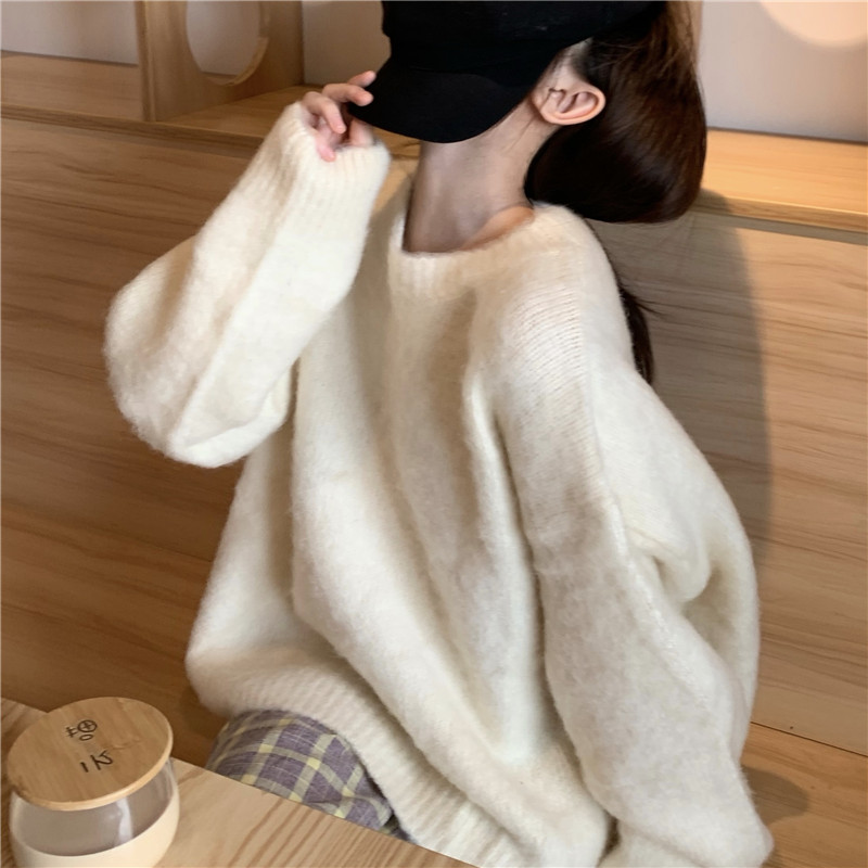 한국 스타일 다용도 라운드 넥 풀오버 두꺼운 니트 스웨터 루즈핏 단색 따뜻한 따뜻한 스웨터