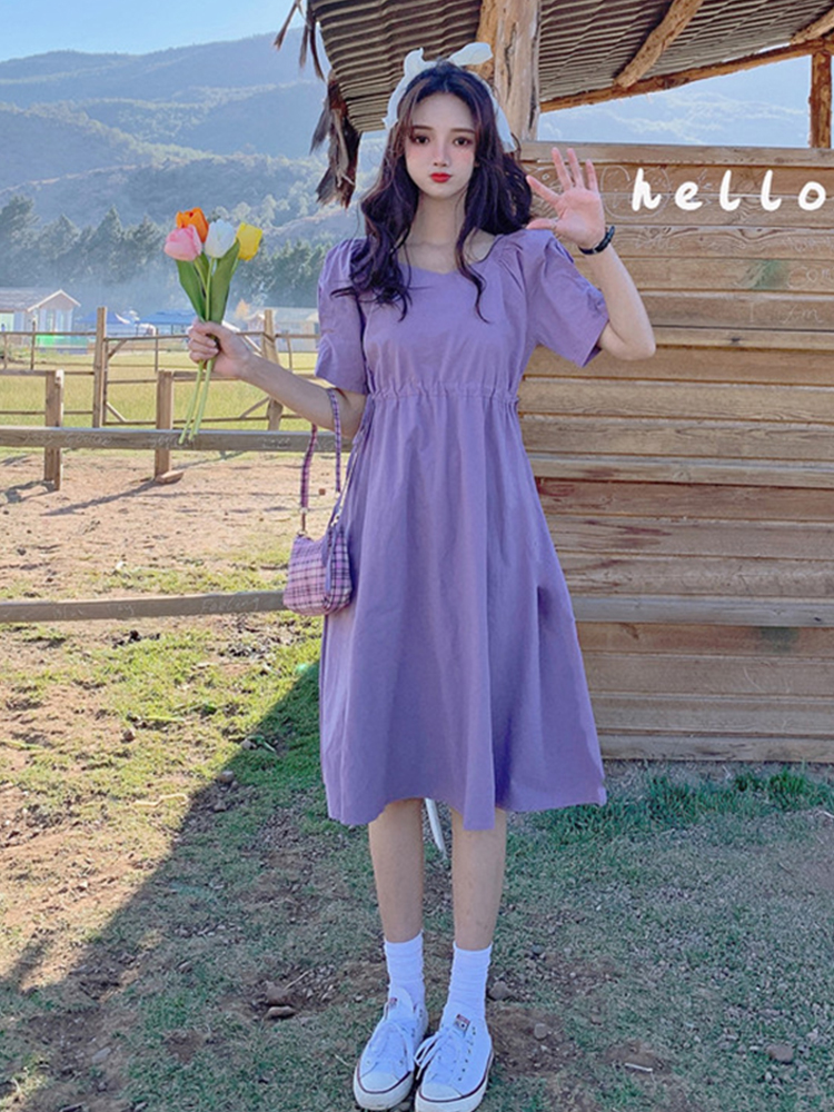 紫色连衣裙温柔风超仙女装2021新款夏季短袖v领法式初恋甜美裙子