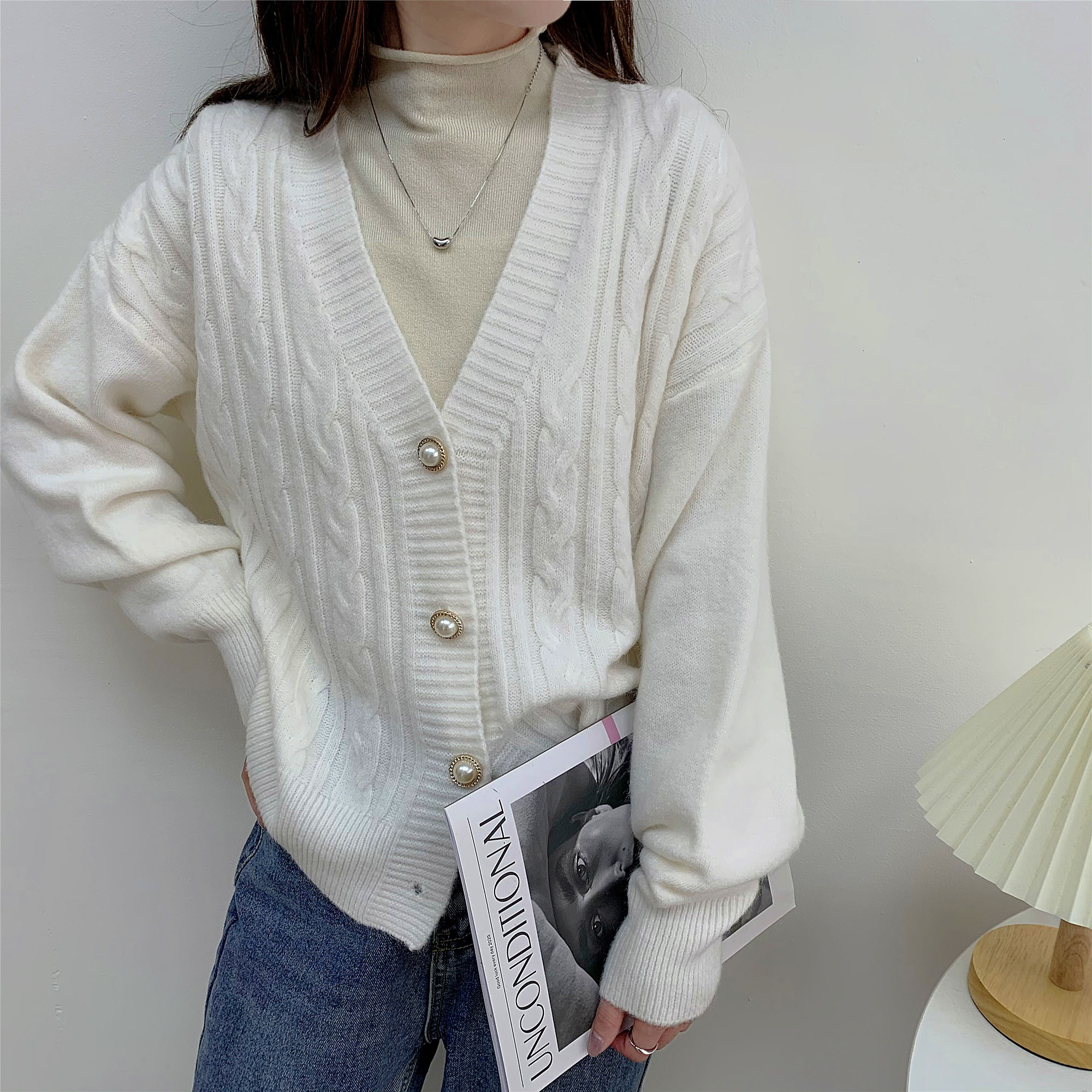 实拍 秋冬韩版慵懒风宽松v领百搭麻花长袖针织衫毛衣外套