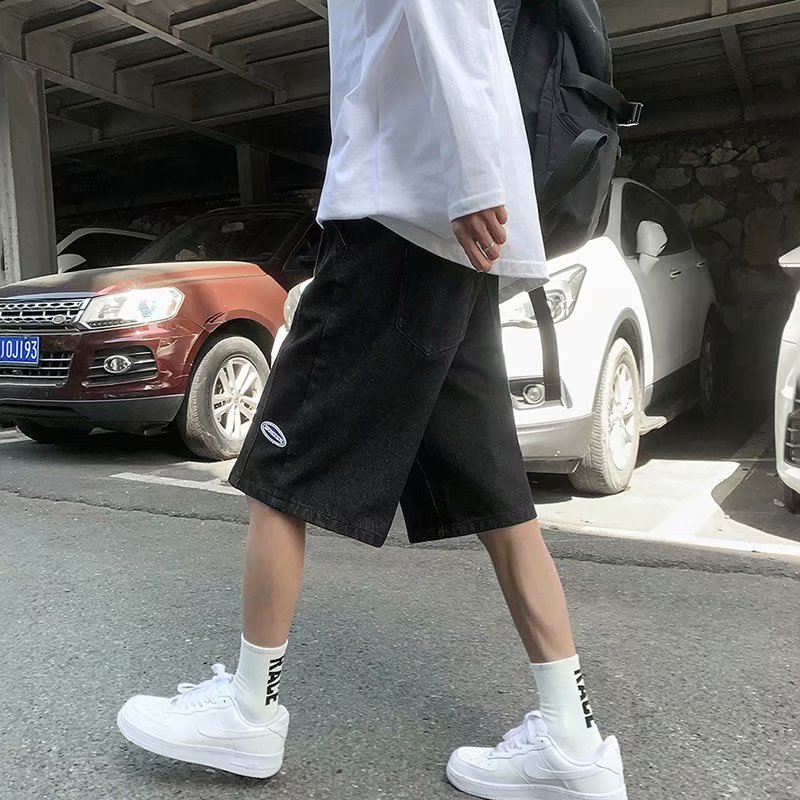 网图夏季牛仔短裤男港风复古宽松阔腿五分裤2021新款帅气百搭中裤_街
