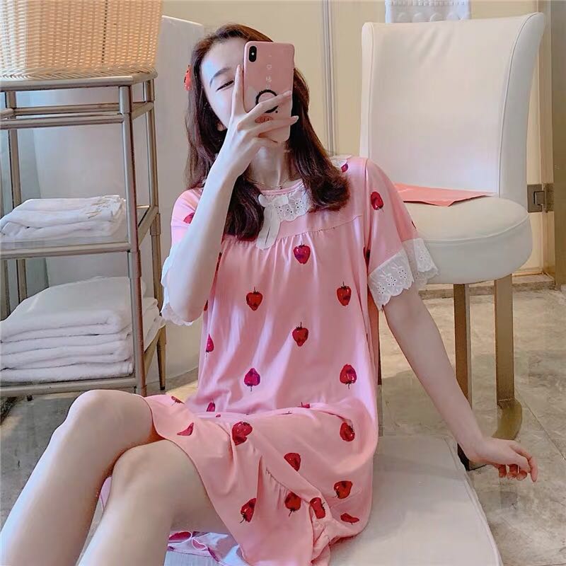 睡裙女生夏天短袖中长款甜美可爱圆领蕾丝花边睡衣家居服可外穿