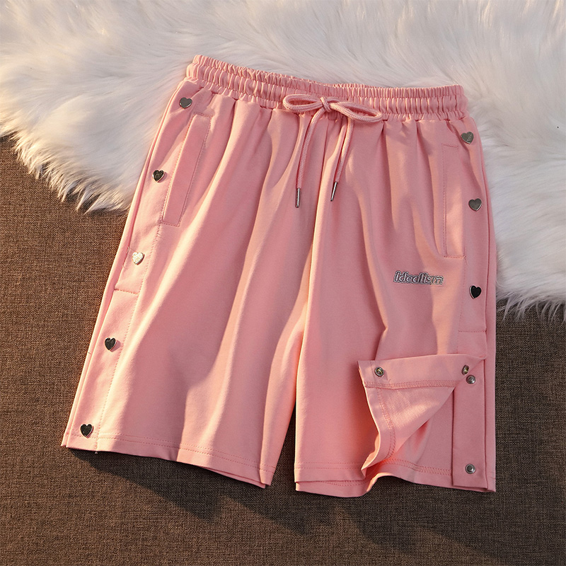 6535鱼鳞 官图粉色爱心排扣设计短裤夏百搭情侣休闲五分裤