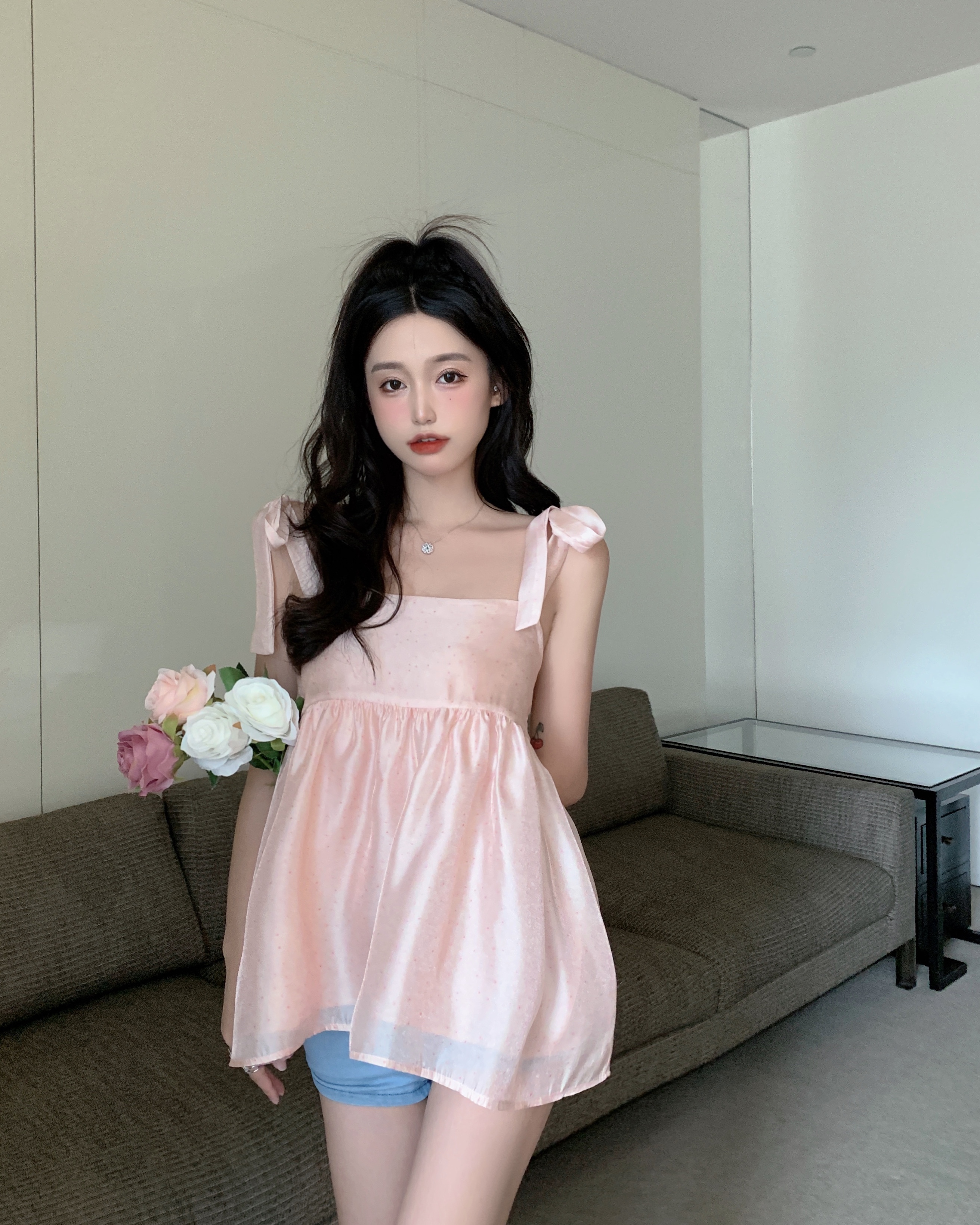 韩版夏季吊带抹胸两穿甜美微闪仙女温柔粉背心裙