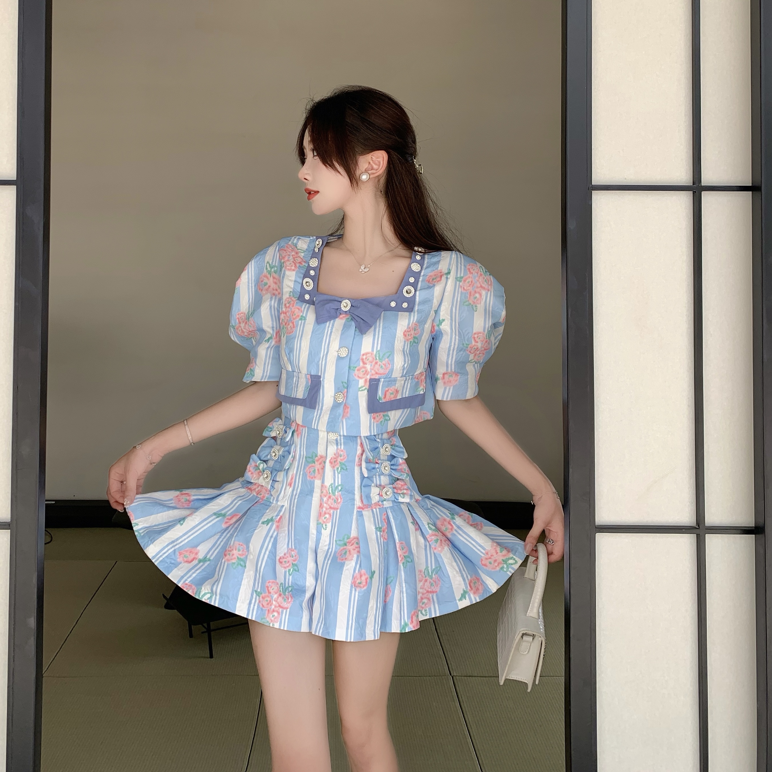 实拍温精灵同款泡泡袖蝴蝶结衬衫名媛风高腰百褶裙裤