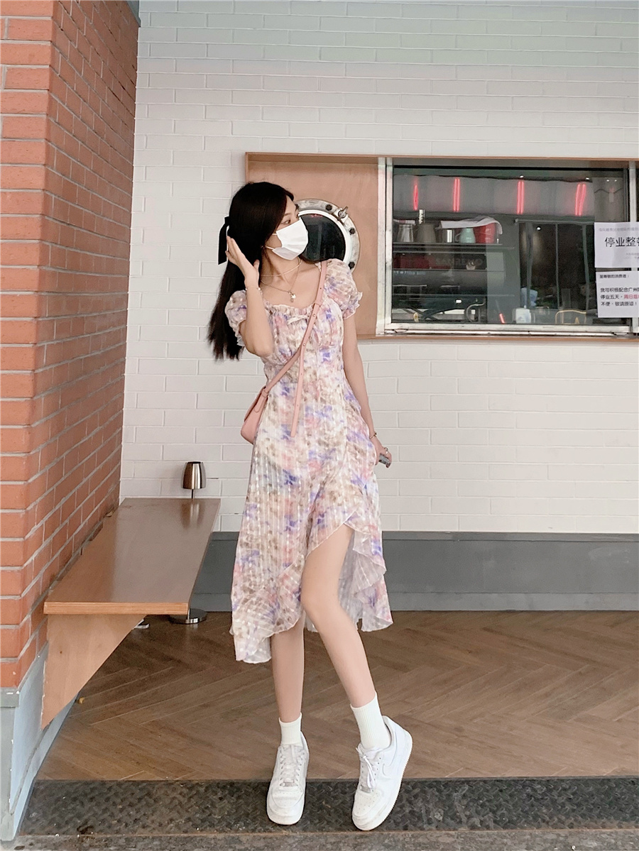 재고 있음 실사 프랑스식 복잡한 고대 칼라 거품 소매 첫사랑 부드러운 바람 꽃무늬 드레스
