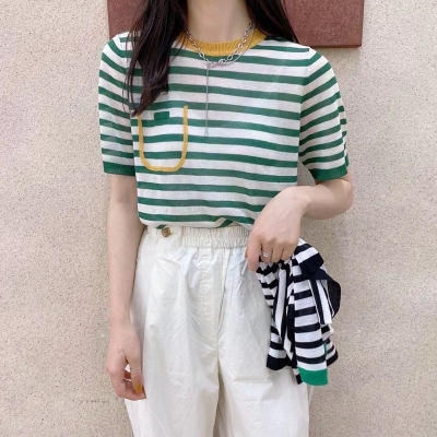 韩国2021夏季新品 圆领拼色假口袋条纹冰丝针织衫女短袖亚麻上衣