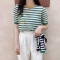 韩国2021夏季新品 圆领拼色假口袋条纹冰丝针织衫女短袖亚麻上衣轮播图1