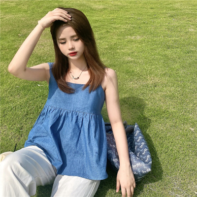 实拍~大码女装牛仔吊带女夏季新甜美蝴蝶结外穿小衫宽松露背上衣