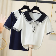 批发实拍大码女装学院风撞色海军翻领冰丝针织衫胖MM短袖T恤