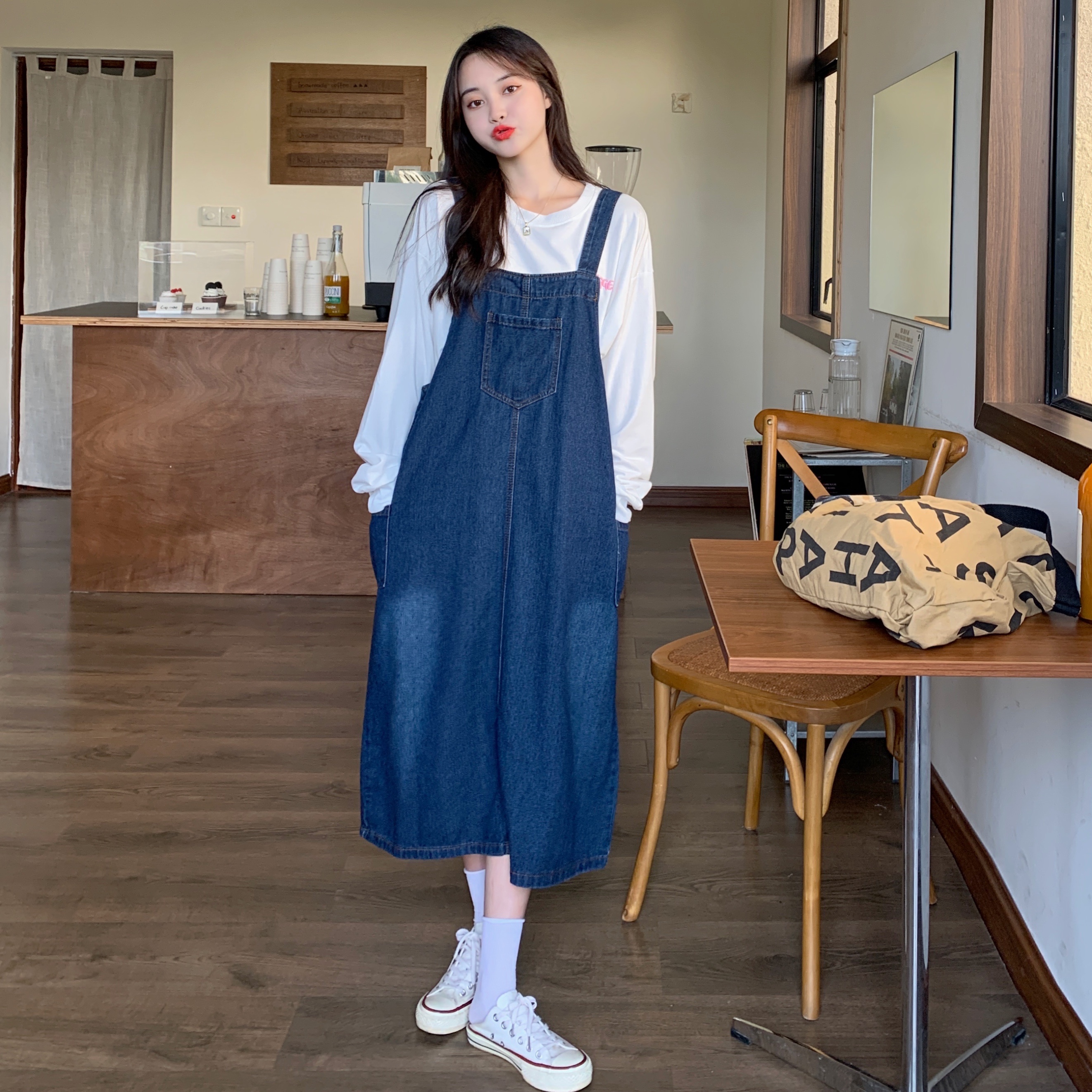 实拍秋装大码女装胖mm宽松卫衣 牛仔背带裙两件套套装m-4xl200斤