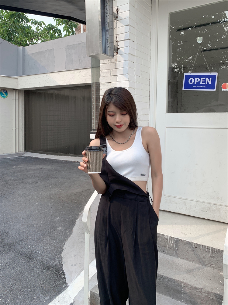 fernwang 工装连体裤背带裤女夏季新款黑色减龄直筒宽松阔腿裤子