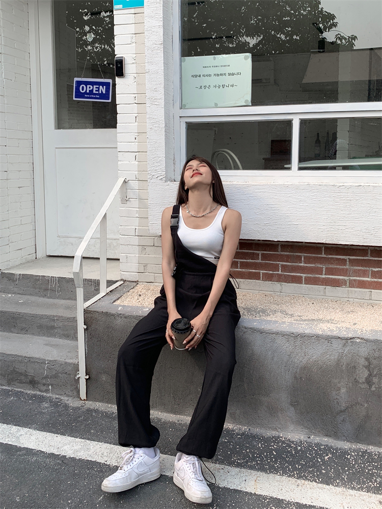 fernwang 工装连体裤背带裤女夏季新款黑色减龄直筒宽松阔腿裤子