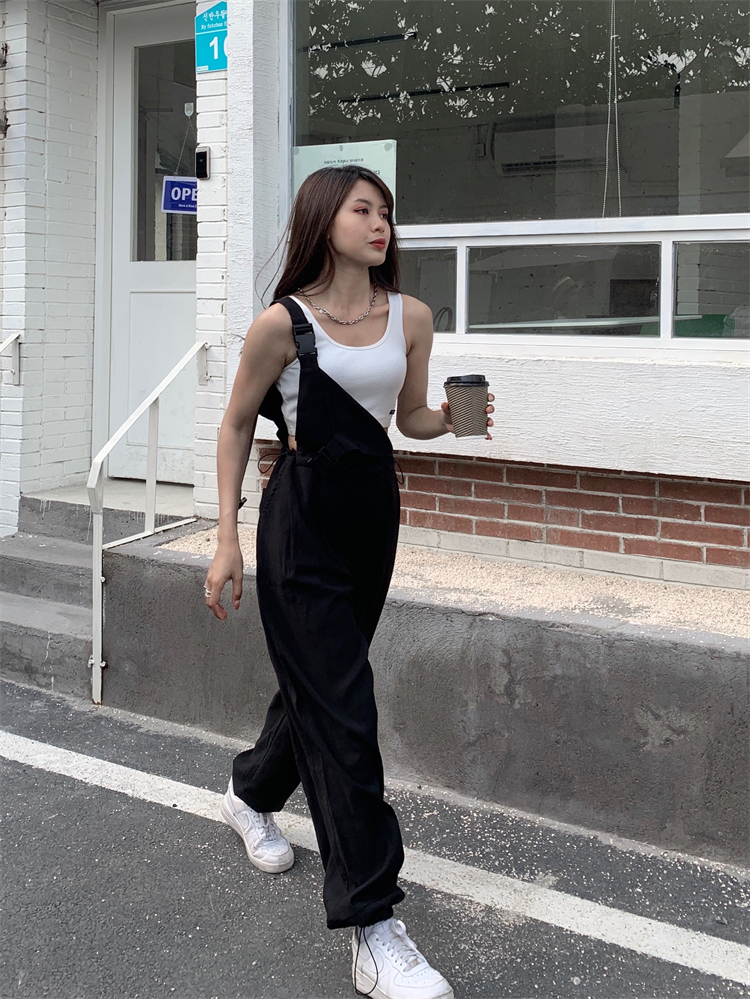 fernwang 工装连体裤背带裤女夏季新款黑色减龄直筒宽松阔腿裤子
