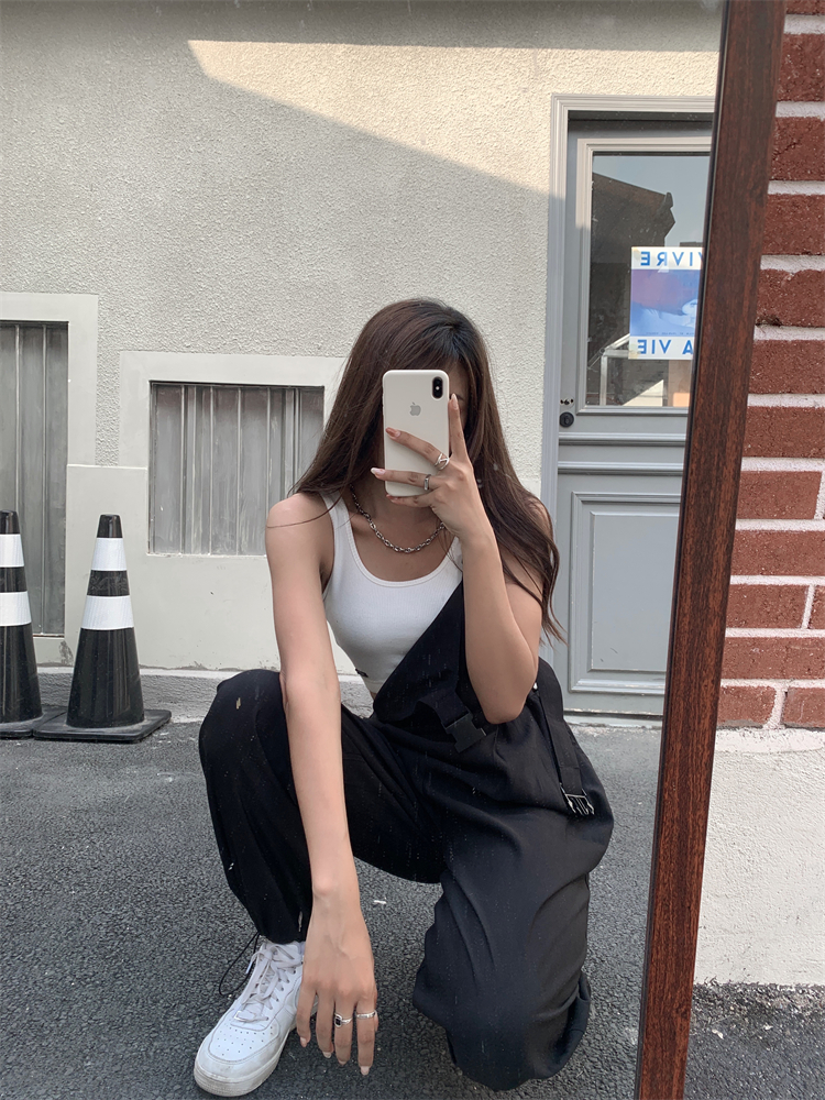 fernwang 工装连体裤背带裤女夏季新款黑色减龄直筒宽松阔腿裤子