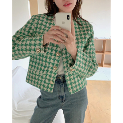 韩国复古配色粗花呢珍珠扣宽松短款千鸟格小外套女