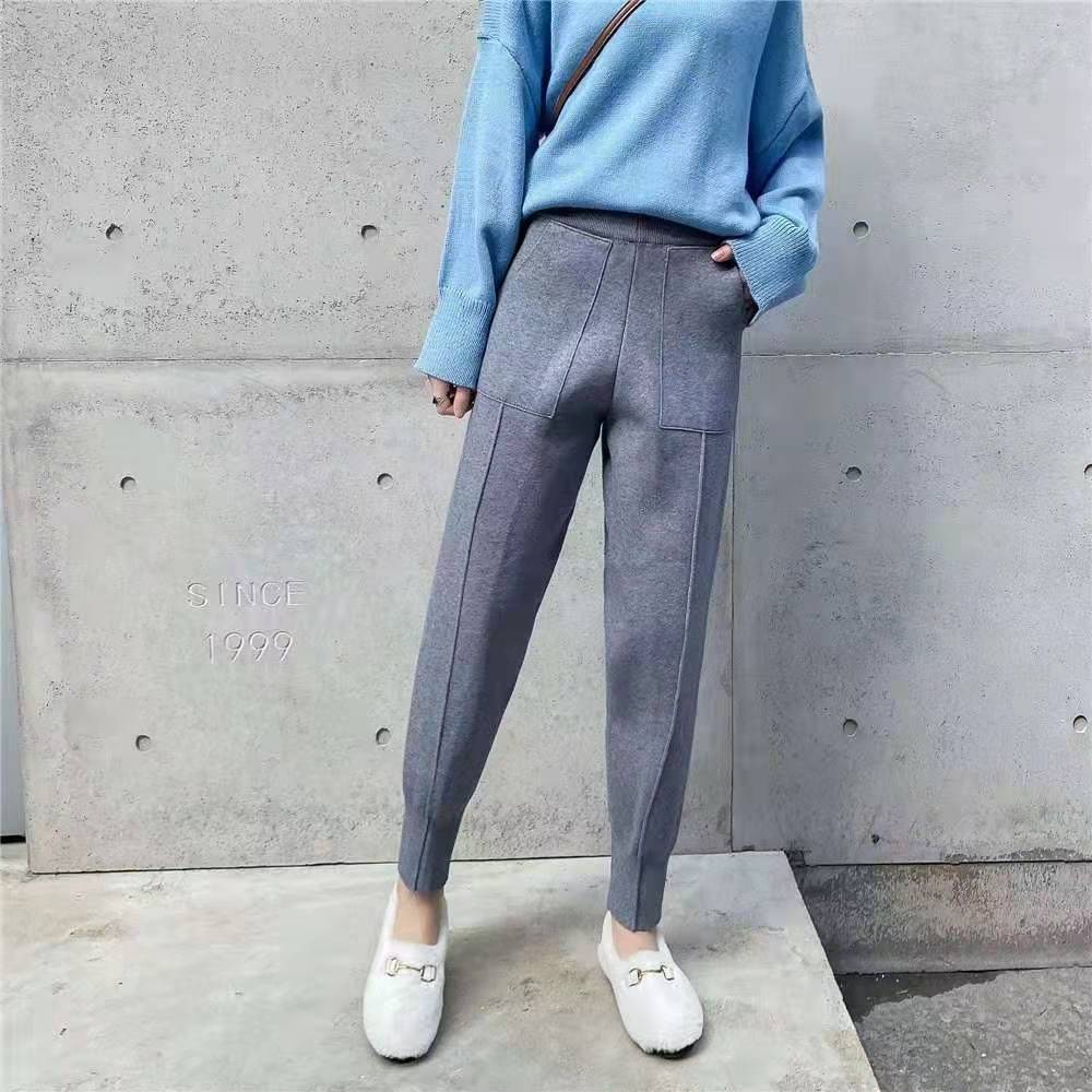 大码女装秋冬新款显瘦束脚小脚老爹裤宽松百搭加厚针织哈伦裤