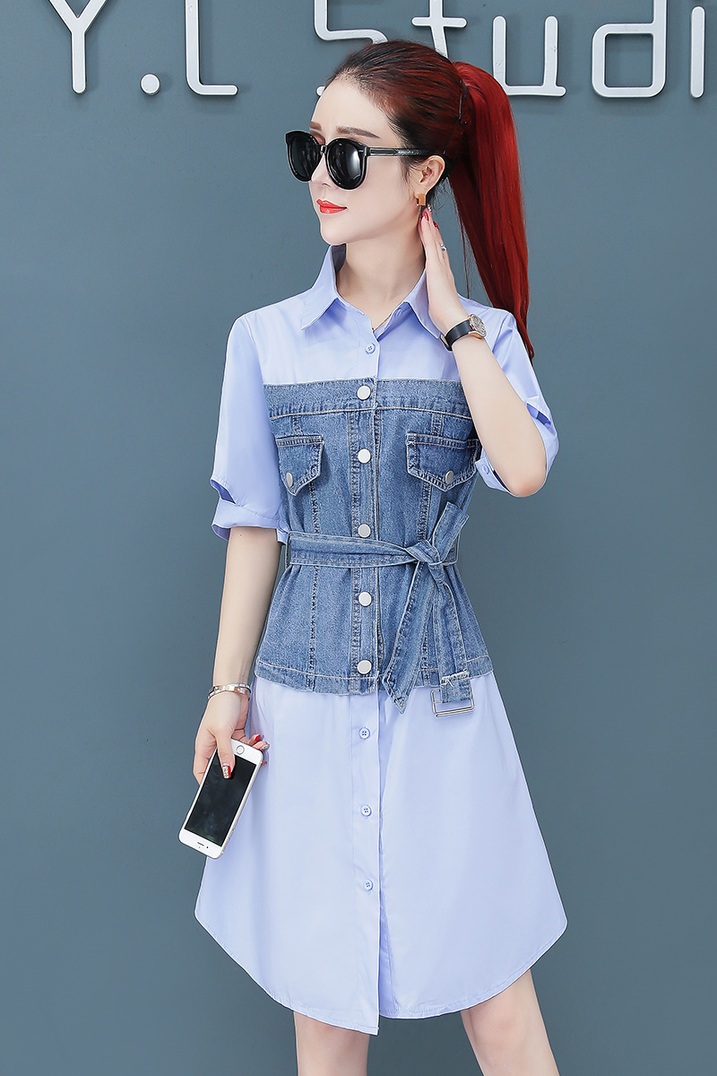 实拍 衬衫牛仔裙假两件夏新款气质复古收腰拼接水洗牛仔连衣裙女