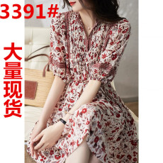 SQB463178ML宫廷风塔克褶+碎褶公主泡泡袖系带桑蚕丝印花连衣裙