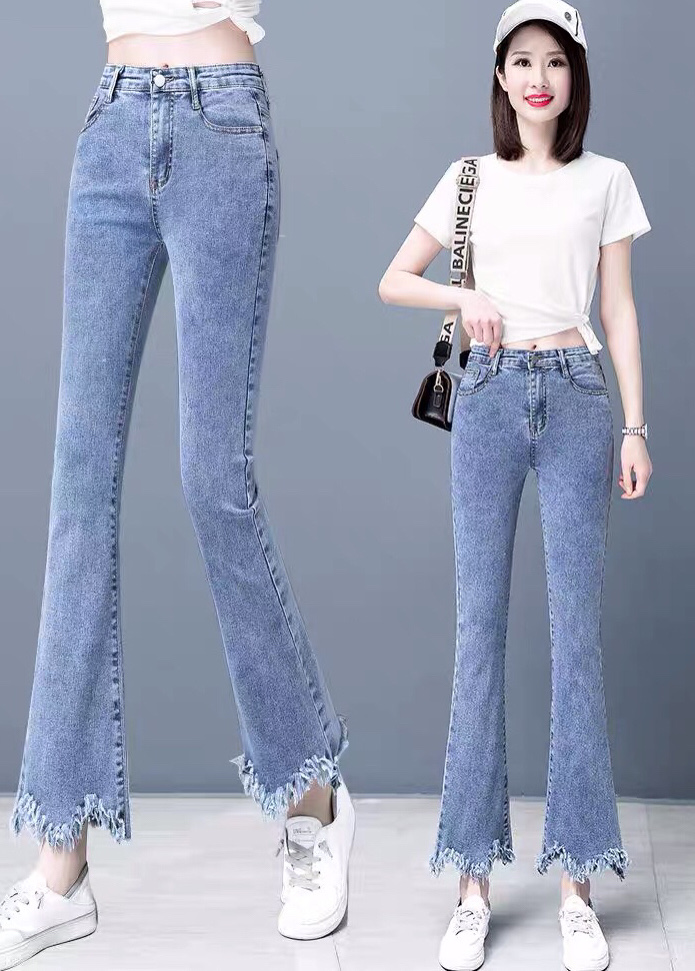 毛边微喇牛仔裤女春夏2021新款弹力显瘦九分休闲小个子喇叭裤子