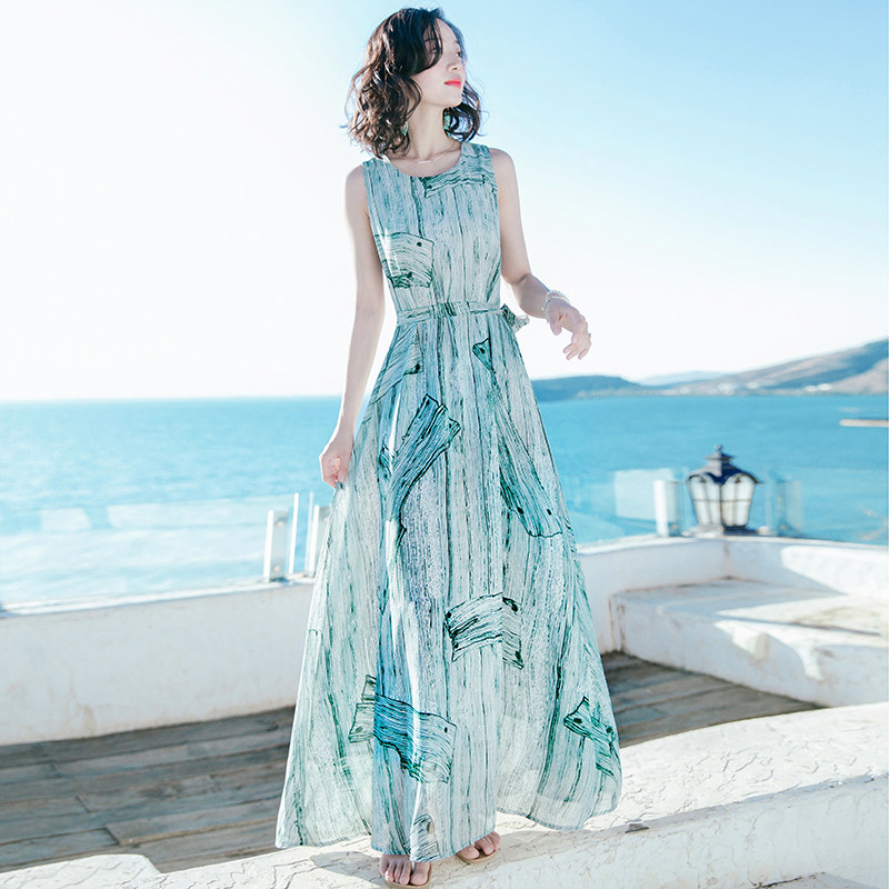 季新品女装收腰显瘦连衣裙长裙红色印花沙滩裙海边度假