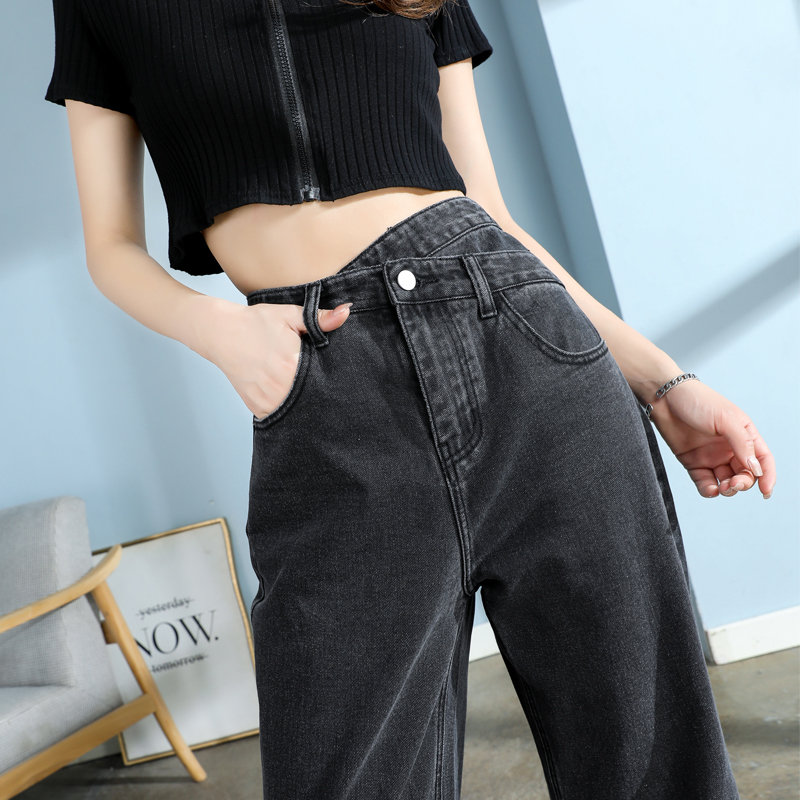 实拍复古泫雅风设计感交叉腰头牛仔裤女显瘦直筒长裤垂感拖地裤潮