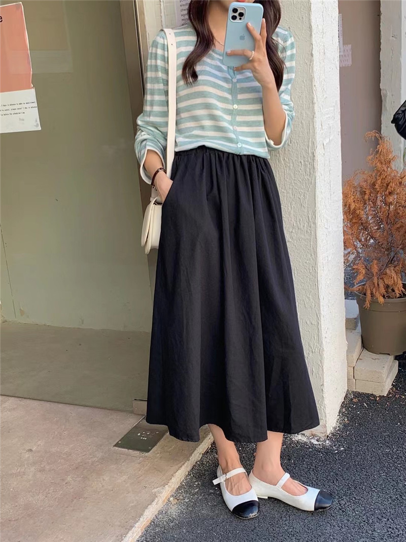 实拍松紧腰半身裙女2021早秋新品百搭显瘦中长裙气质伞裙a字裙