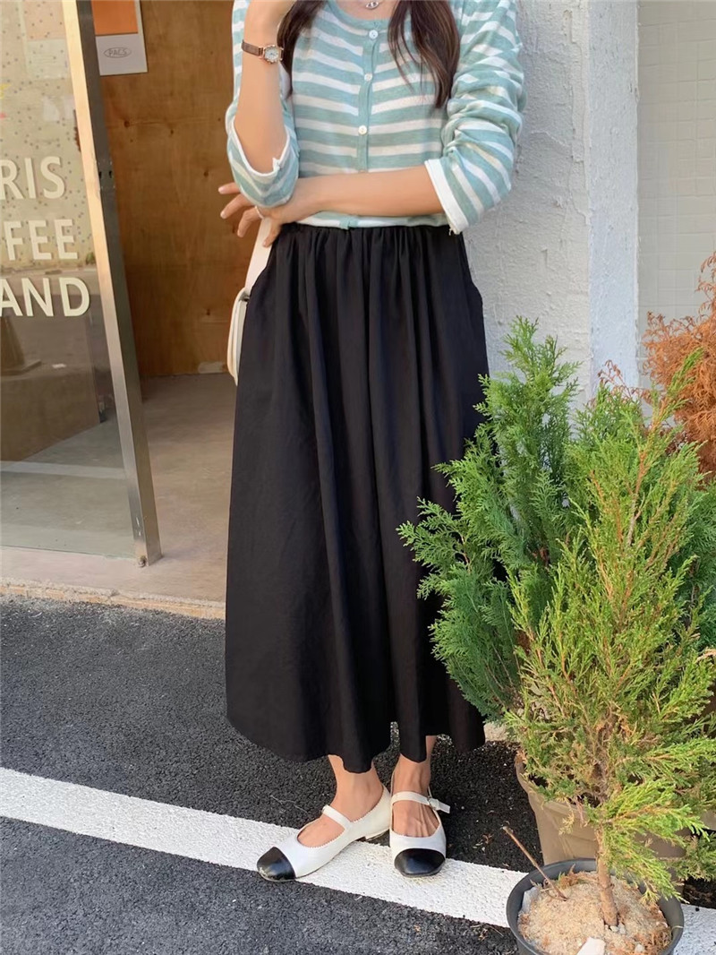 实拍松紧腰半身裙女2021早秋新品百搭显瘦中长裙气质伞裙a字裙