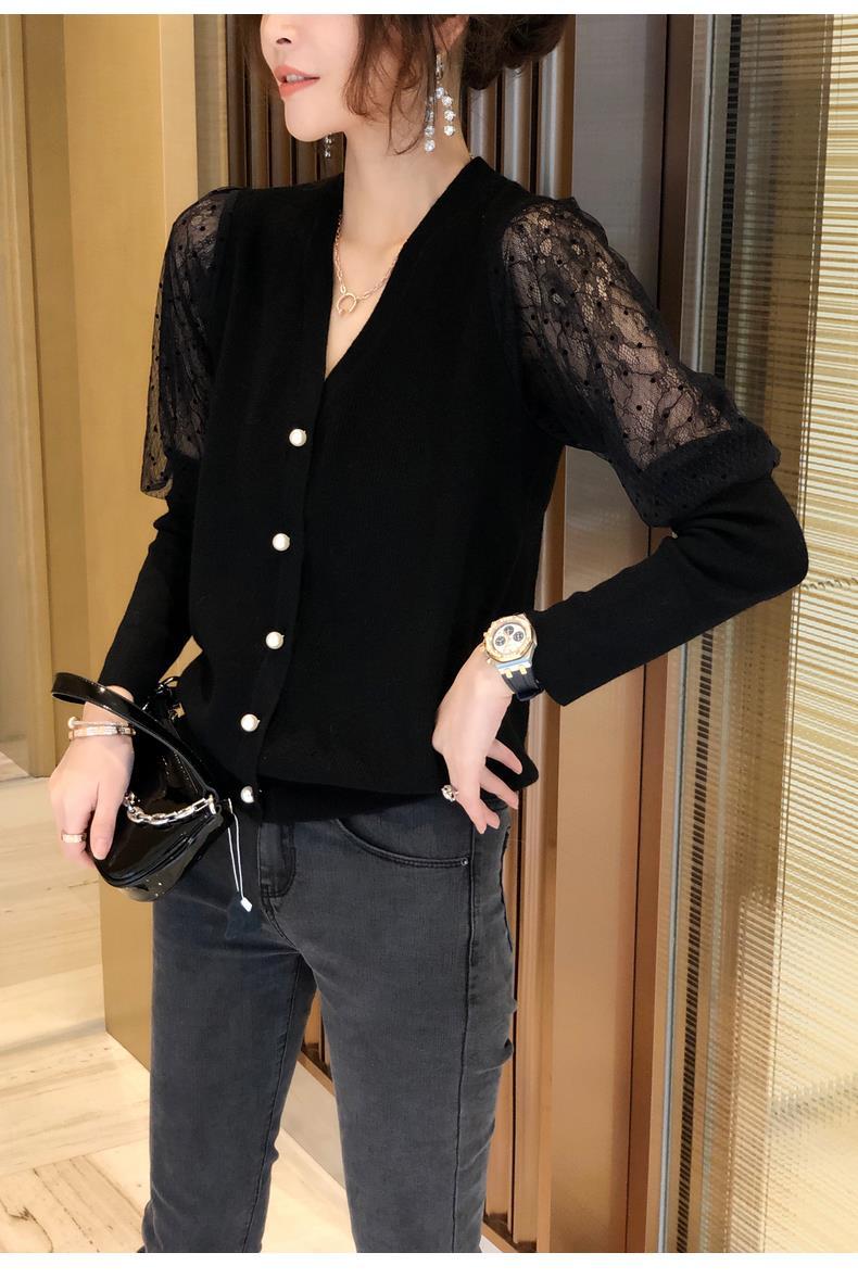 蕾丝长袖上衣女v领针织衫开衫外套薄款打底衫秋冬新款欧洲站