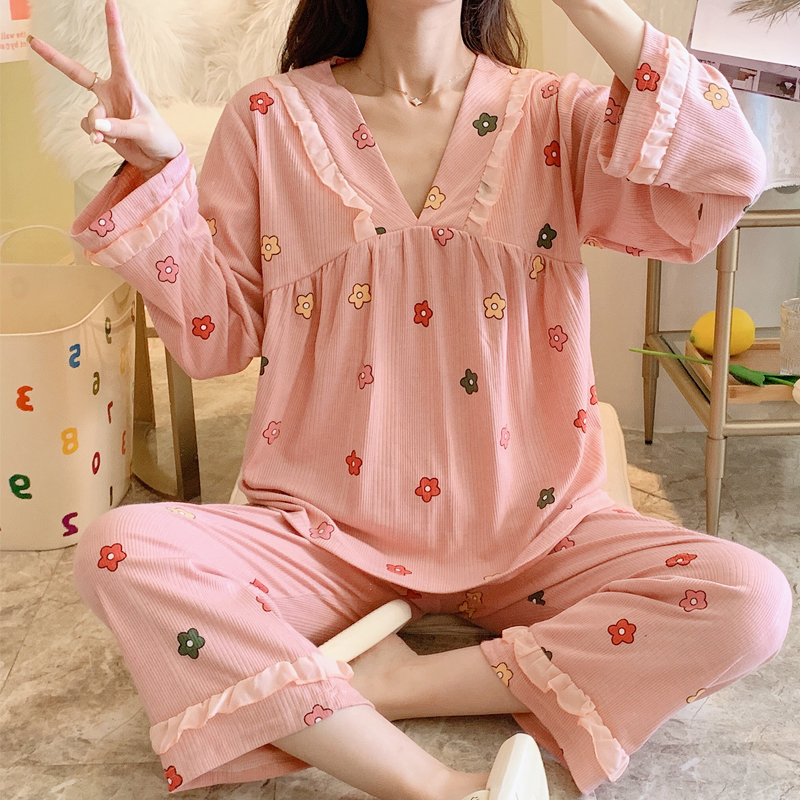 睡衣女秋款新款长袖长裤两件套v领简约清新宽松家居服套装