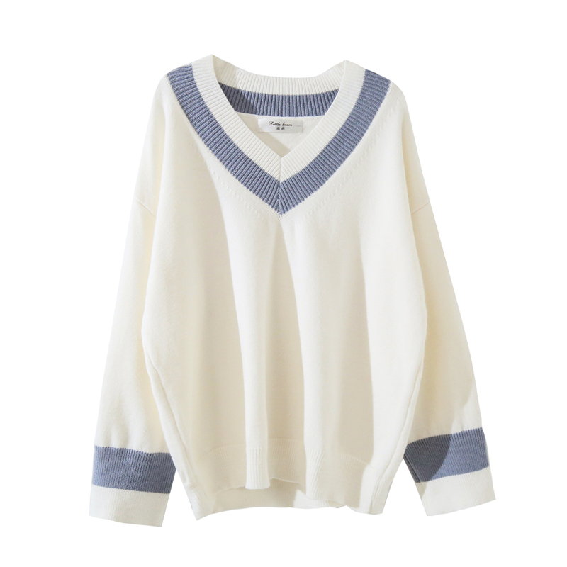 Autumn  new White V-Neck Sweater women's top loose and lazy wind inside with knitted bottomed shirt outside