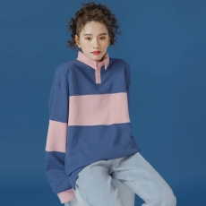 65/35棉鱼鳞polo领拼接撞色条纹长袖2026春装新品韩版宽松女