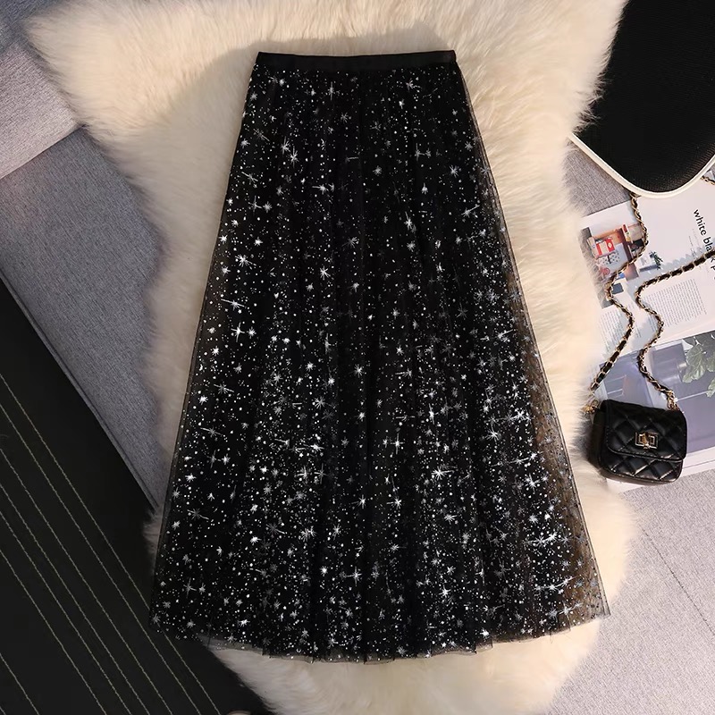 星空半身裙女秋冬季高腰显瘦a字大摆仙女中长款裙子亮片星星纱裙