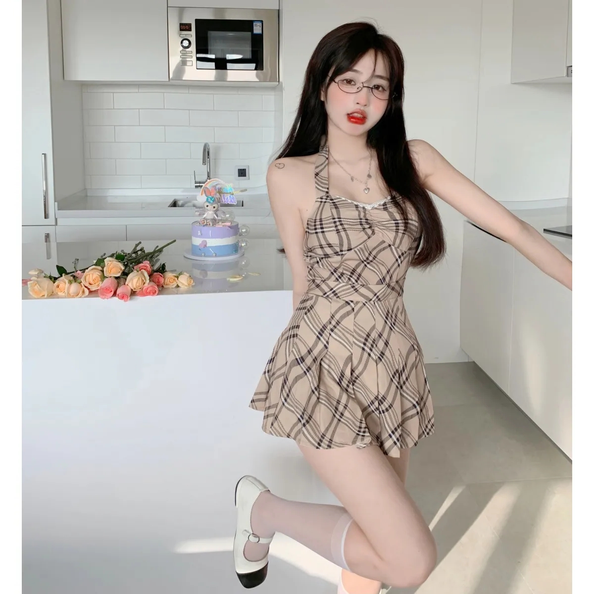 格子挂脖吊带背心上衣高腰百褶半身短裙时尚两件套女夏季网红套装