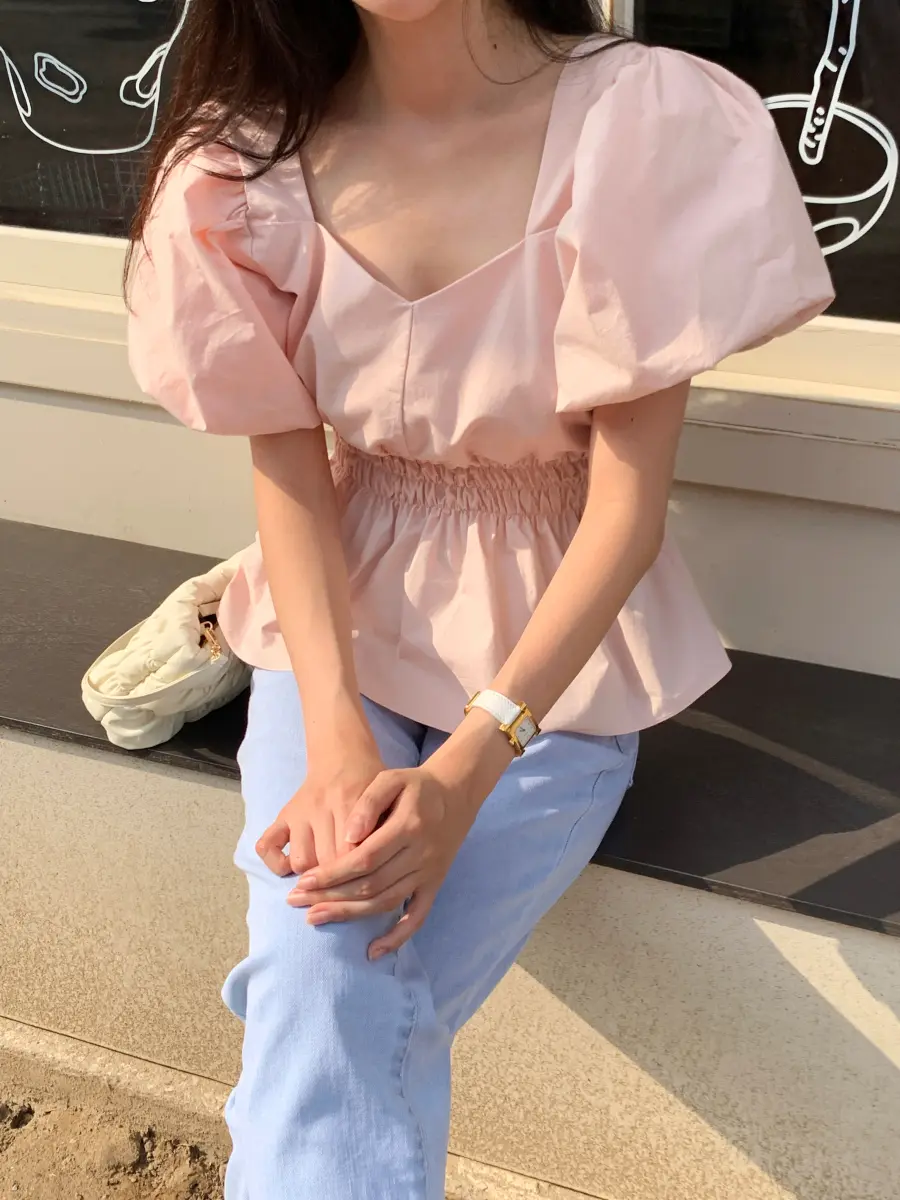 여성 퍼프소매 V넥 블라우스 상세 이미지 1