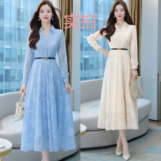 批发实拍2026春新款长款大摆长袖<b class='q'>雪纺</b><b class='q'>连衣裙</b>收腰气质长裙女